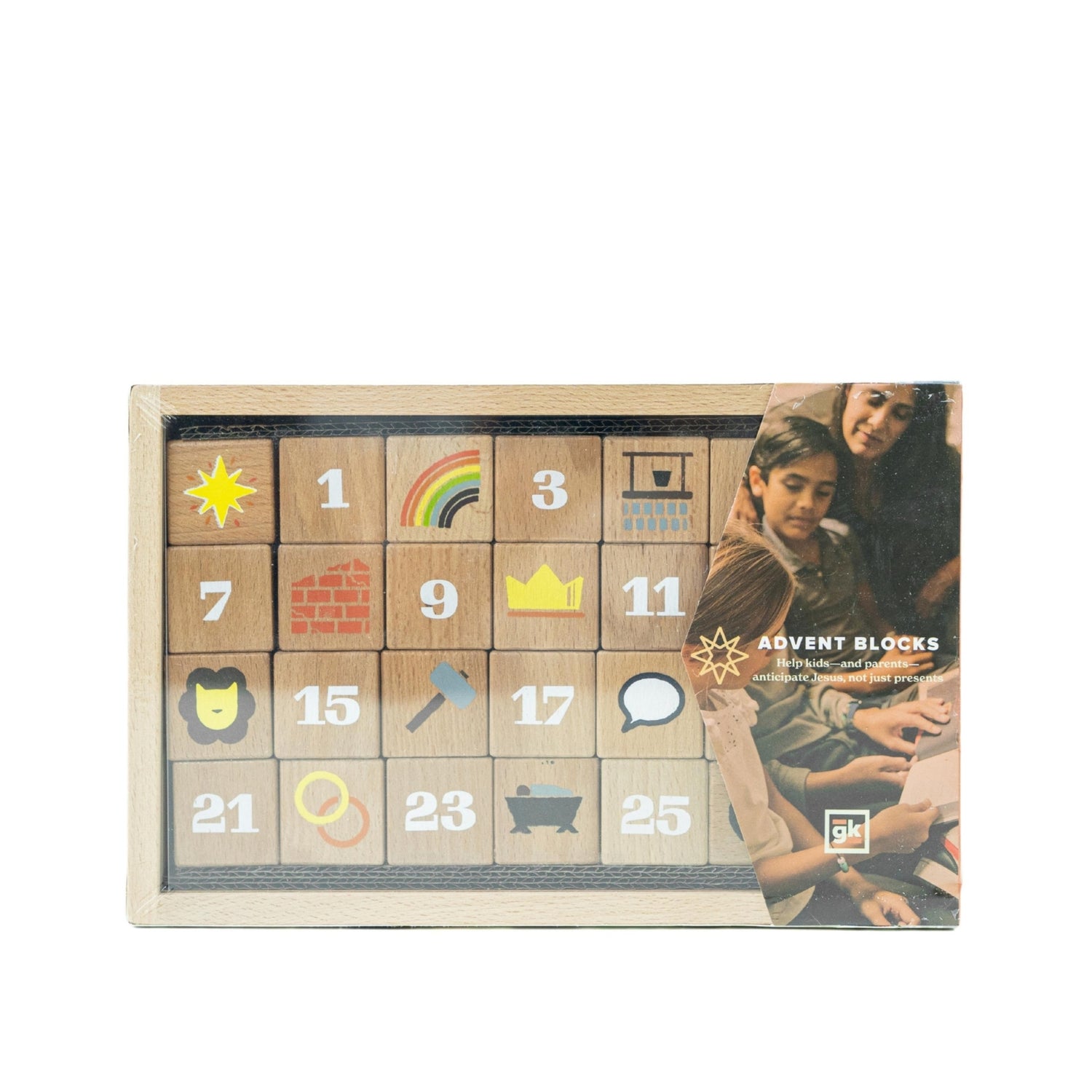 Wooden advent calendar with icons and numbers on a white background